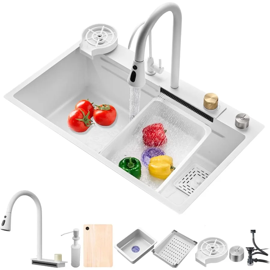 Modern Single Bowl Undermount Kitchen Sink with Flying Rain Waterfall Design Stainless Steel Construction Drop-In Installation