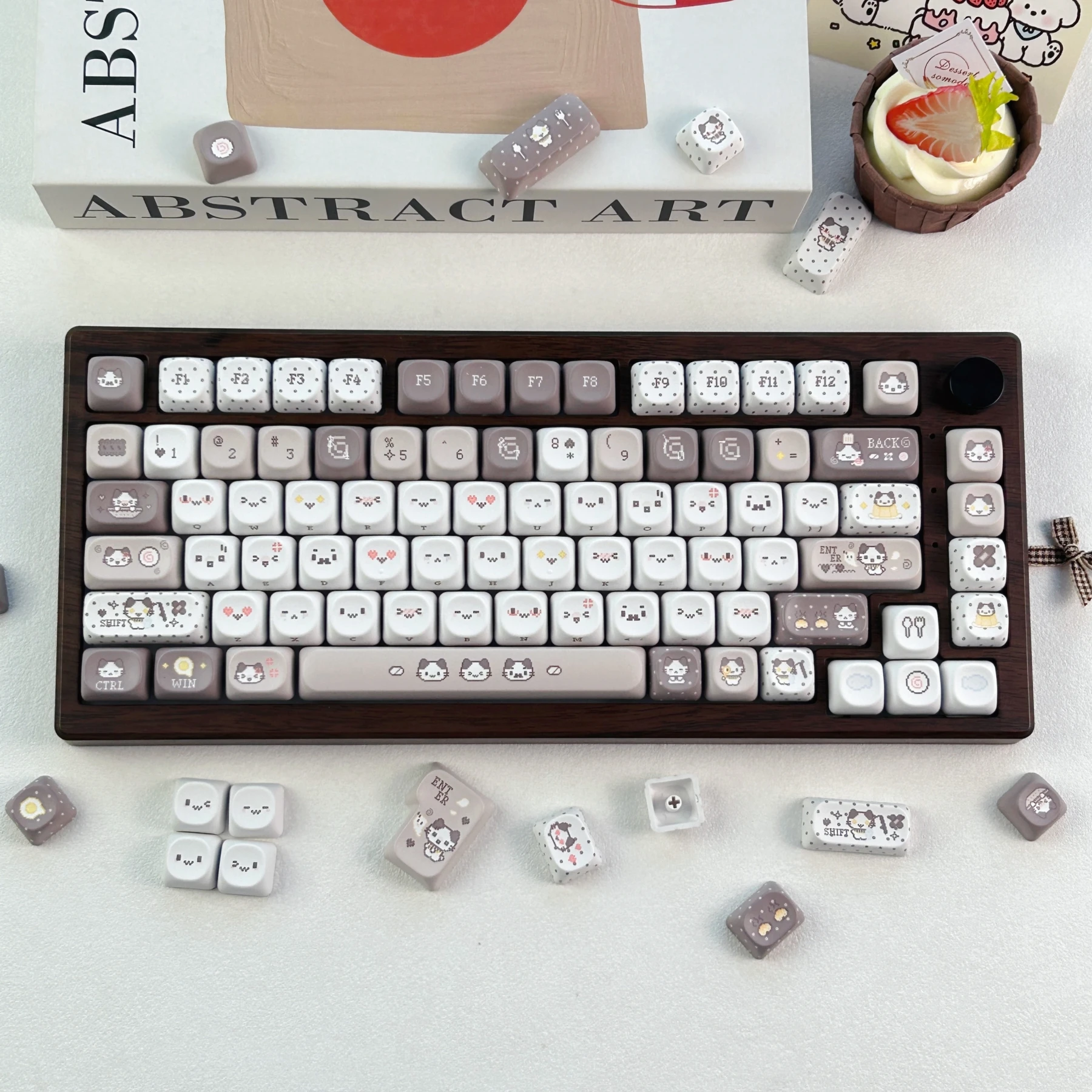 MAIMOOO Grey Brown Cute Cat Keycap MOA Profile PBT Custom Kawaii Cotton Candy Kitten Keyboard Keycaps Korean/Russian/Thai KeyCap