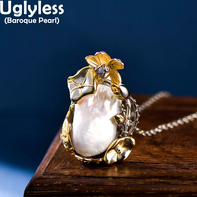 

Uglyless Oriental Poetic Lotus Flower Lotus Leaf Pendants for Women Elegant Exotic Baroque Pearls Necklaces 925 Silver Jewelry