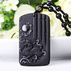Beautiful Genuine Natural Black Obsidian Carved Chinese Sun Kylin Dragon Lucky Amulet Pendant Beads Necklace fashion Jewelry