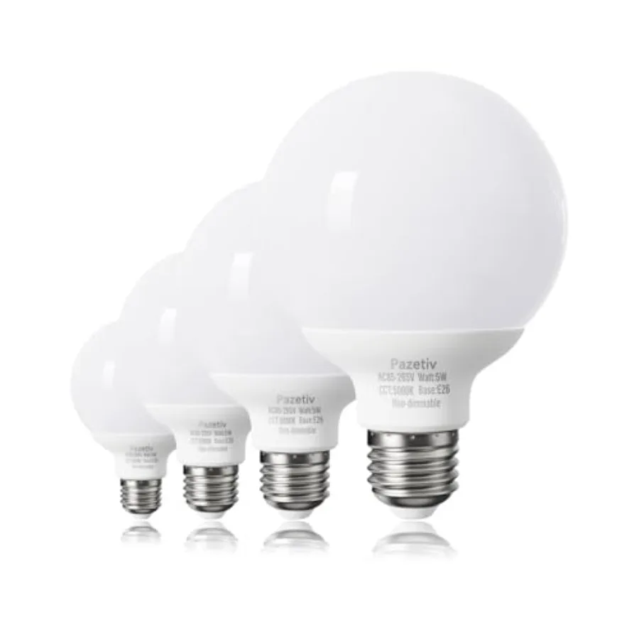 4 Pack Daylight LED Globe Light Bulbs for Bathroom, 120V 60 watt Equivalent, E26 Medium Base, Non-Dimmable Vanity Light Bulbs R