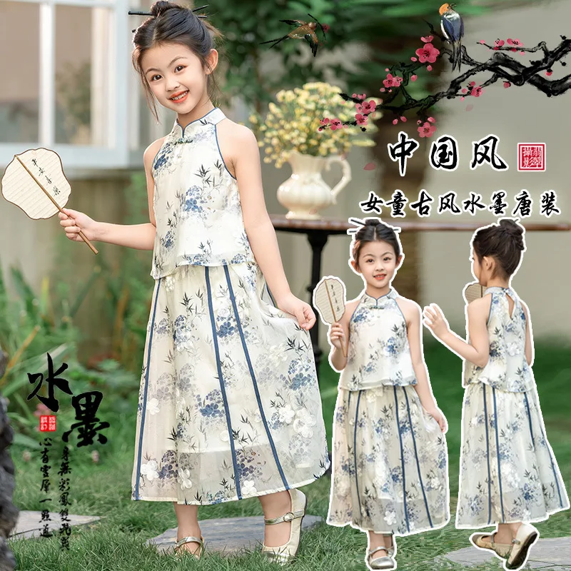 

Girl's New Chinese Style Buckle Skirt Set 2024 Summer New Girls Ink Painting Retro Outfit Two-Piece Set