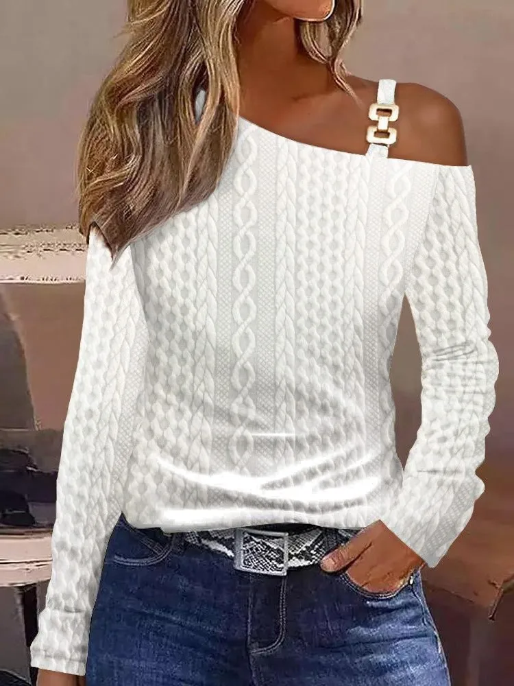 Autumn Fashion Print Long Sleeve Blouse Off Shoulder Sexy Shirts For Women 2023 Elegant Metal Button Loose Pullover Blouses Tops