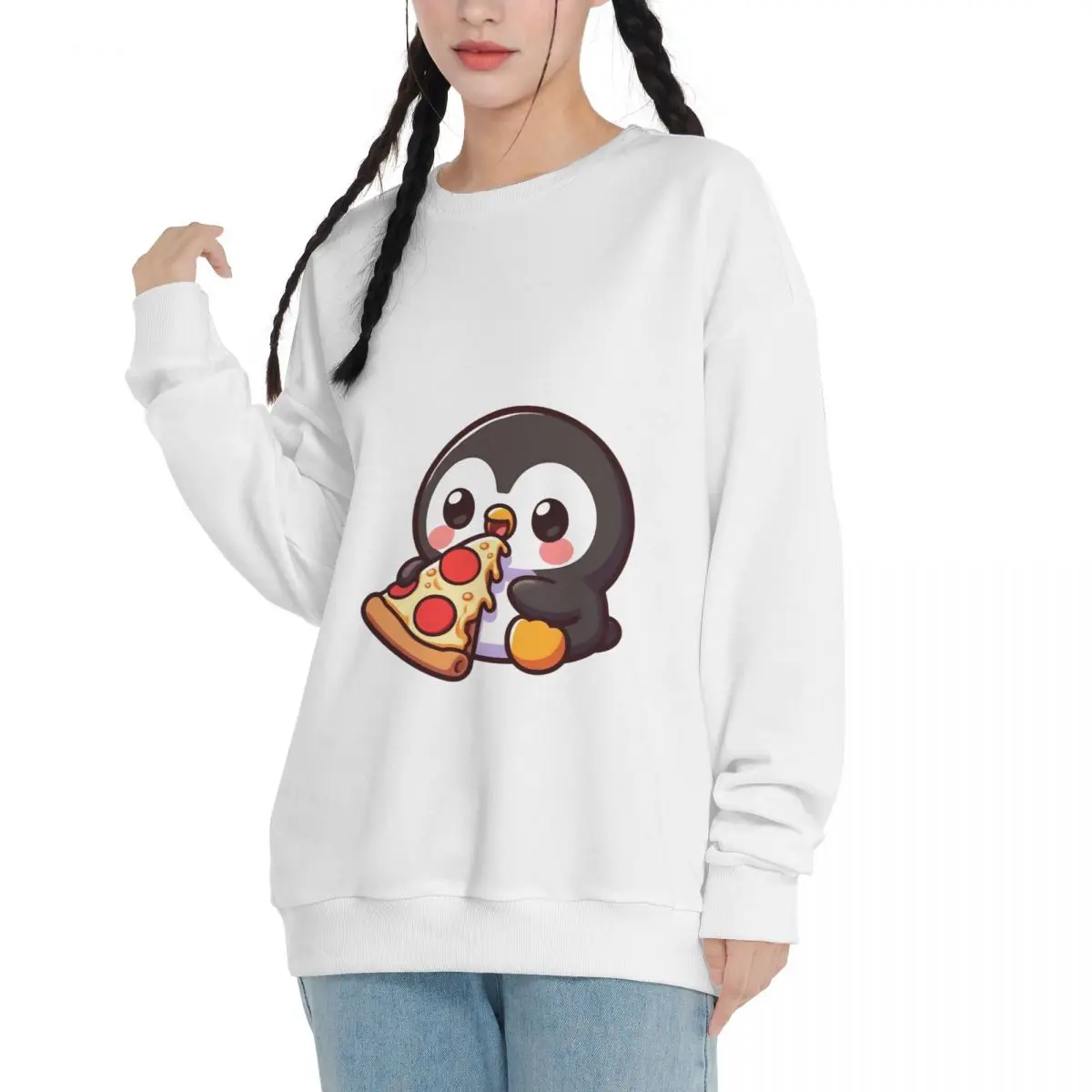 Cute Pizza And Animal Falling shoulder pure cotton round neck adult sweatshirts new casual loose fit top