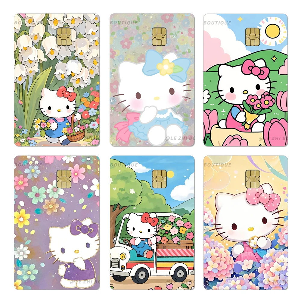 

Flowers Series Sanrio Hello Kitty Credit Card Pvc Sticker Kawaii Cartoon Bank Bus Card Diy Waterproof Protective Film Sticker