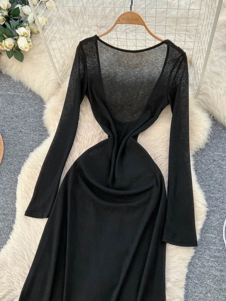 فستان Foamlina مثير بدون ظهر نحيف ماكسي أنيق ومنظور شفاف لقضاء عطلة الشاطئ للنساء، فستان سادة بأكمام طويلة