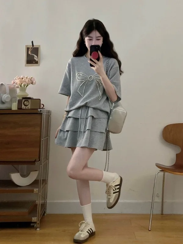 

Slimming Effect Knot round Neck Short Sleeve Women's T-shirt Summer Korean Style Half-length Skirt Fashion Set