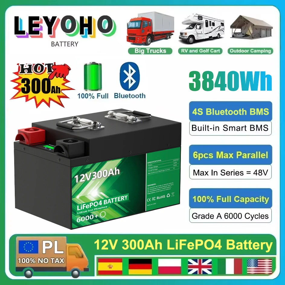 

LiFePO4 12V 300Ah 200Ah 140Ah 100Ah Battery Pack 6000 Cycles 4S Bluetooth BMS Home Solar Energy Storage Lithium Battery EU STOCK