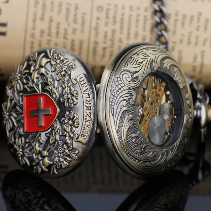 Engraved Exquisite Switzerland Red cross Hollow Hand Wind Mechanical Pocket Watch Men's and Women Bronze Tone for Birthday Gift