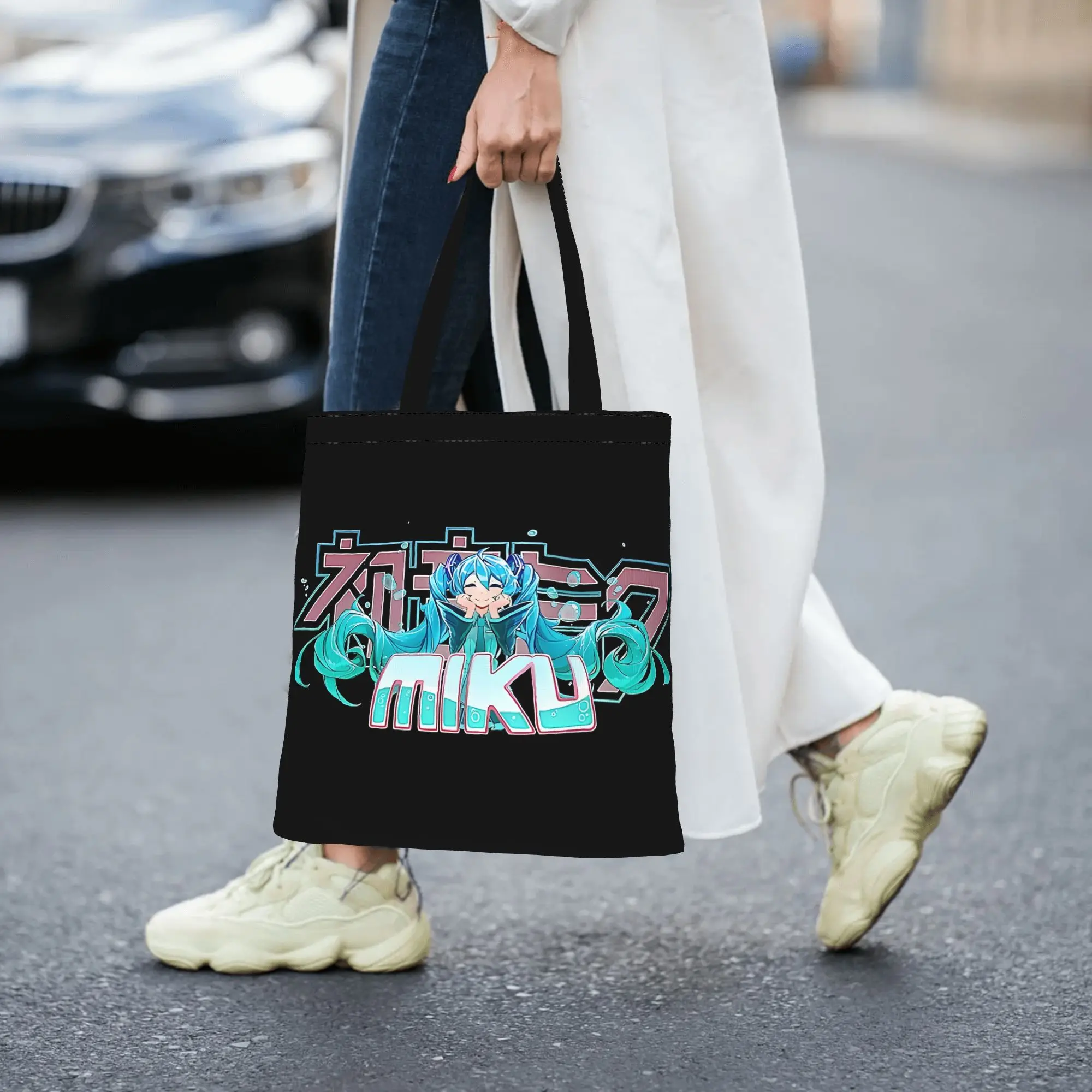 Customized Hatsune Miku Cartoon Singer Women's Bag Shopping Bag Reusable Double Sided Canvas Tote Bag Shoulder  Handbag