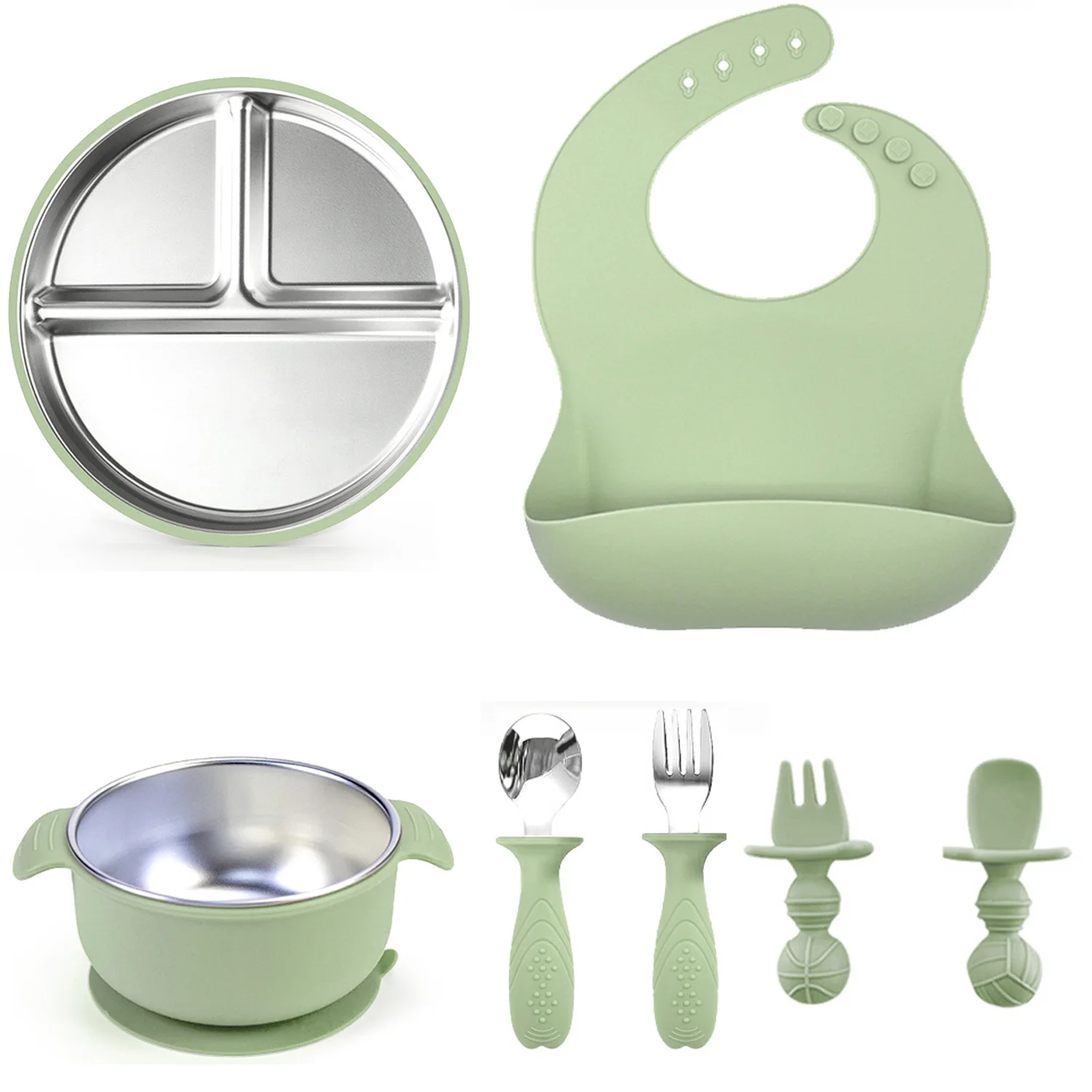 

7-Pack Stainless Steel Cutlery Tray Baby Feeding Tray Removable Suction BPA Free Silicone Training Spoon Baby Newborn Supplies