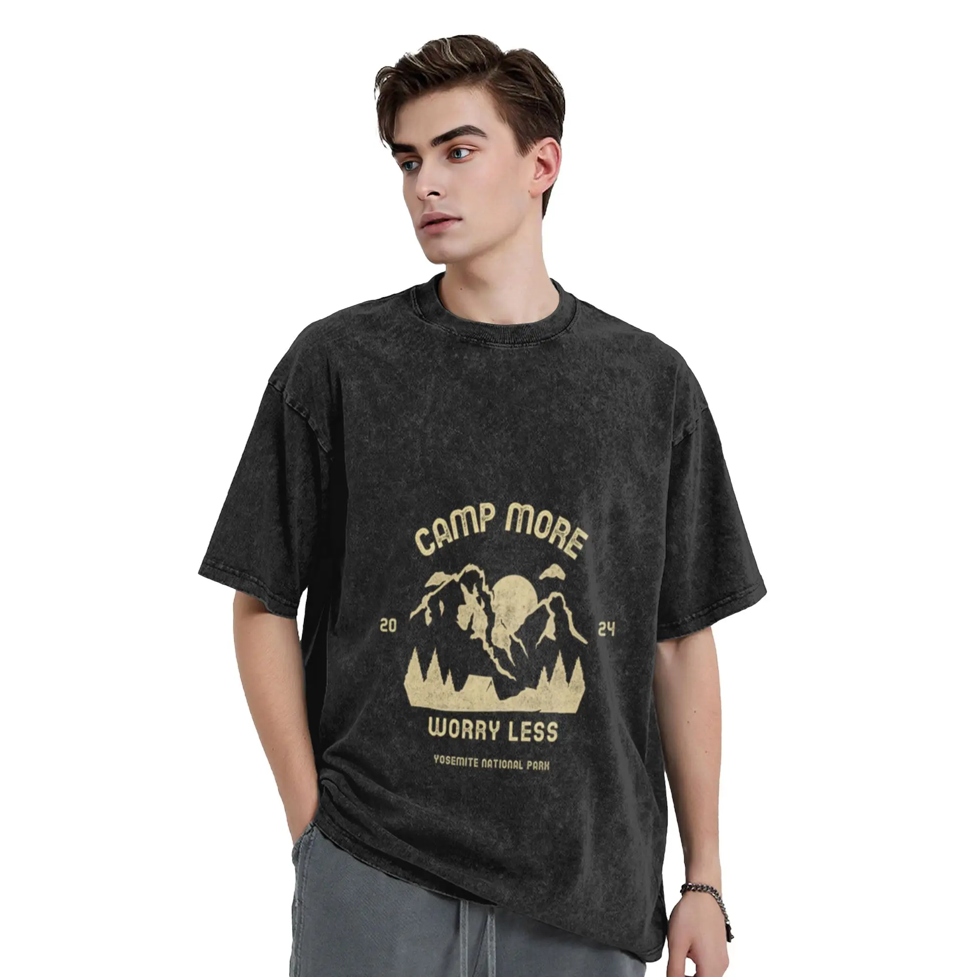 Camp More  Worry Less Classic Trendy A Washed T Shirt Men's Oversized Cotton Tees Tops