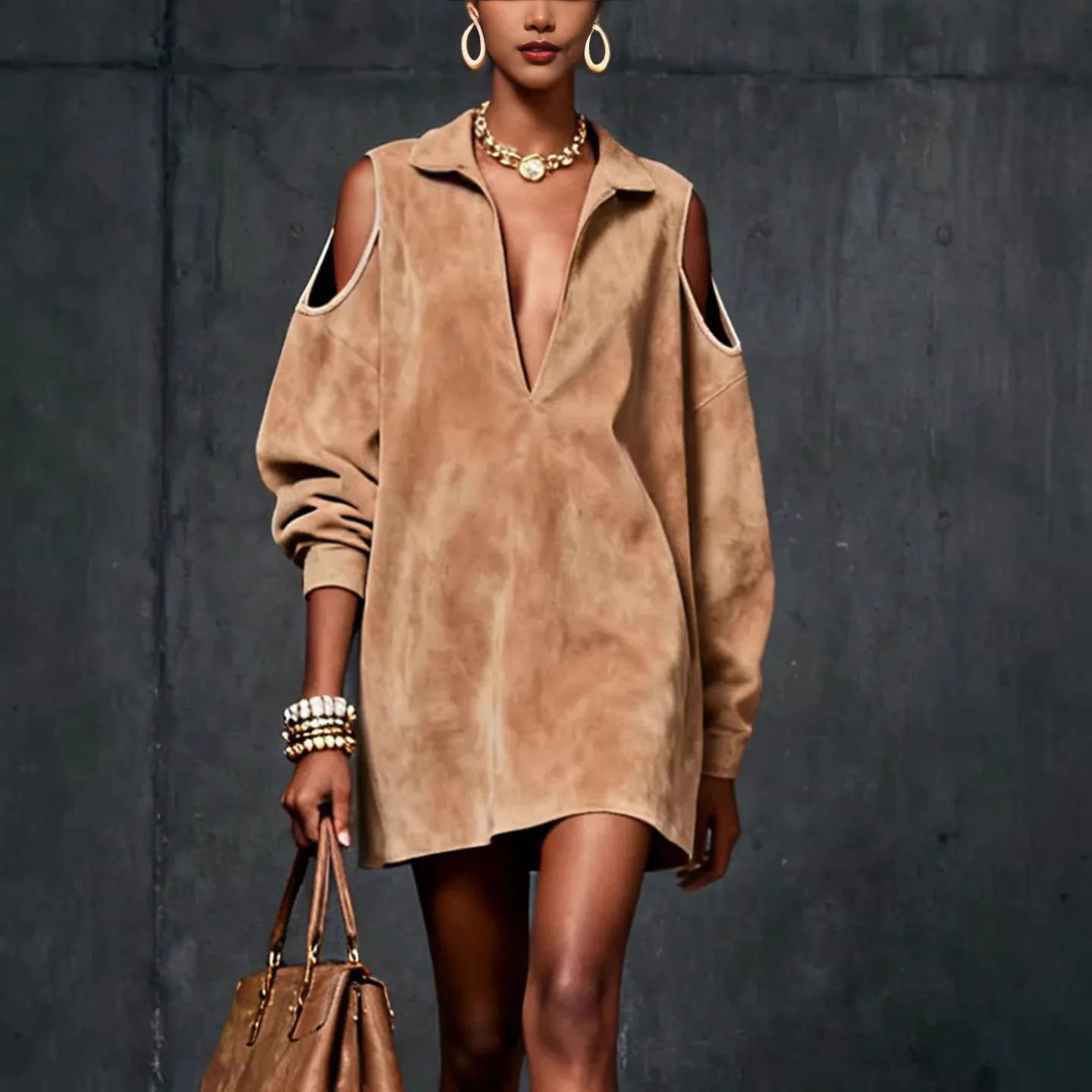 

Sexy Deep V Off Shoulder Long Sleeve Suede Dress Dresses Spring Summer Jumpsuit Playsuit