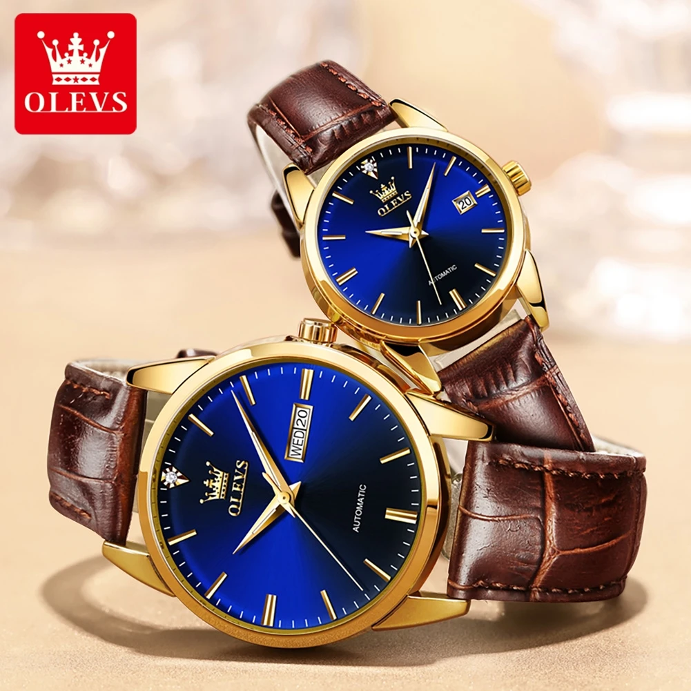 ساعات OLEVS للأزواج بسيطة كاجوال أصلية ميكانيكية أوتوماتيكية لمحبي مقاومة للماء ومضيئة لتاريخ الأسبوع #5