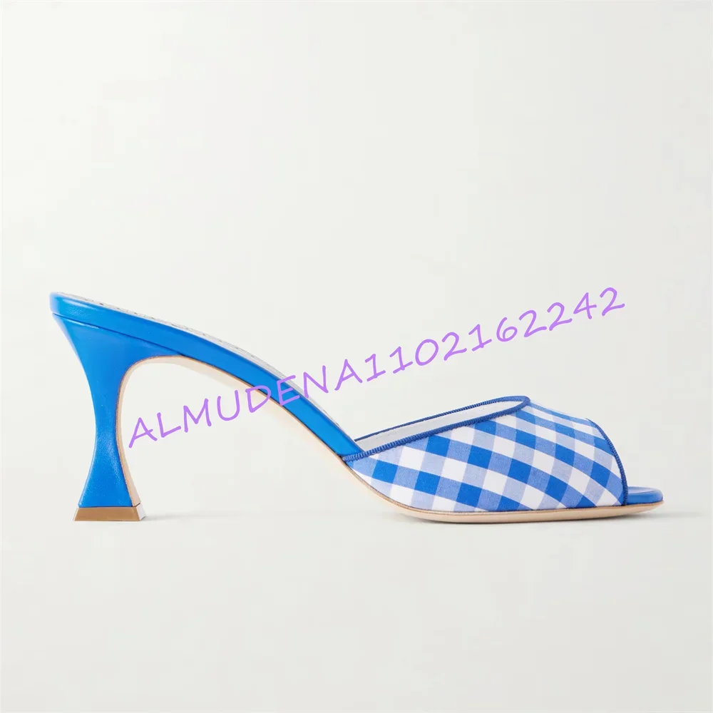 Women Blue White Gingham Check Mule Slides Open Toe Unique Flared Heel Slip On Backless Sandals Vacation Elegant Daily Heel 46