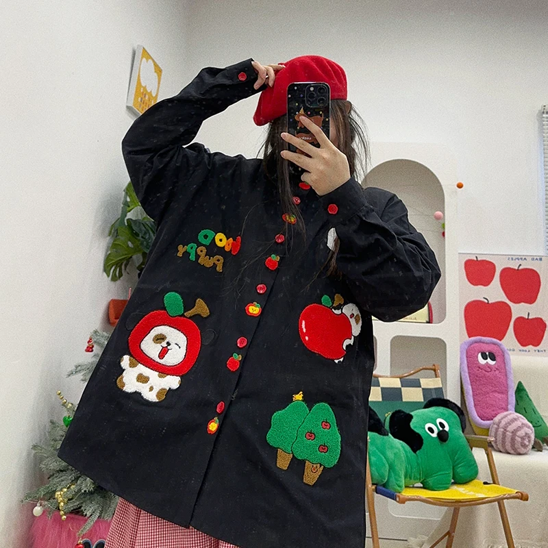 Cute Childlike Puppy Embroidery Loose Large Size Long Sleeve Shirts 2024 New Wide Top Female Tide