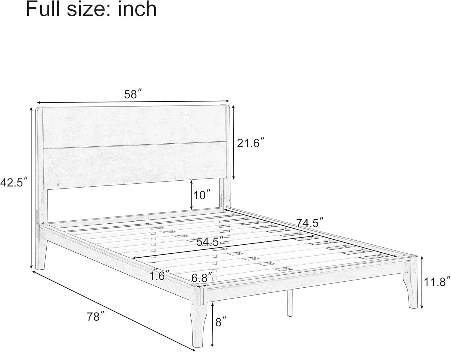 سرير بمنصة من الخيزران بالحجم الكامل، إطار سرير حديث لمنتصف القرن مع لوح رأسي طويل، دعم شريحة خشبية، لا حاجة إلى صندوق زنبركي، بني