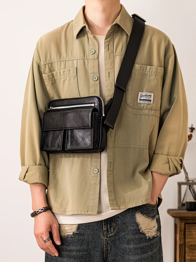 casual designer handmade high-quality genuine leather men's messenger bag outdoor work commuter real cowhide black shoulder bag