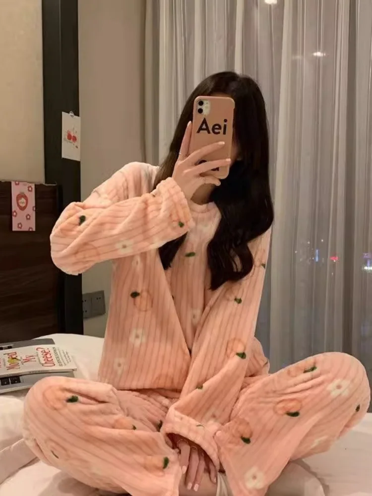 

Очаровательный сладкий коралловый Fce Thiened, осенне-зимний комплект женской повседневной домашней одежды, длинные брюки, удобный комплект для отдыха...