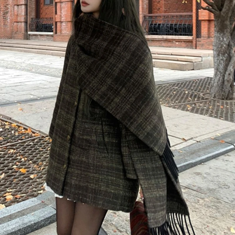 Vintage Y2k Plaid Tweed Blazer Coats Autumn Winter Warm Loose Scarf Jacket One-piece Clothes Elegant Ladies Single-breasted Coat