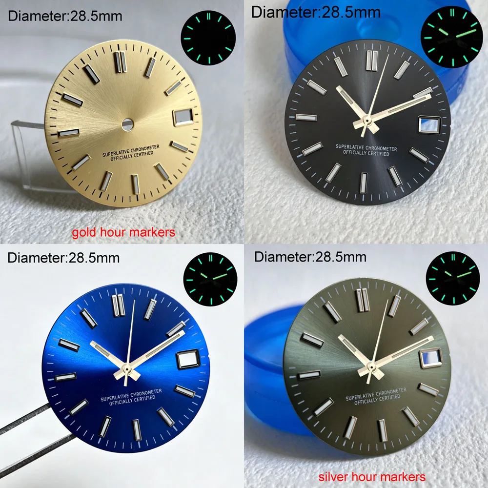 28.5mm NH35 S Logo Dial Ice Blue Gold Orange Gray Dial for NH35 Movement Green Lumen Hands NH35 Date_Just S Dial WatchMods