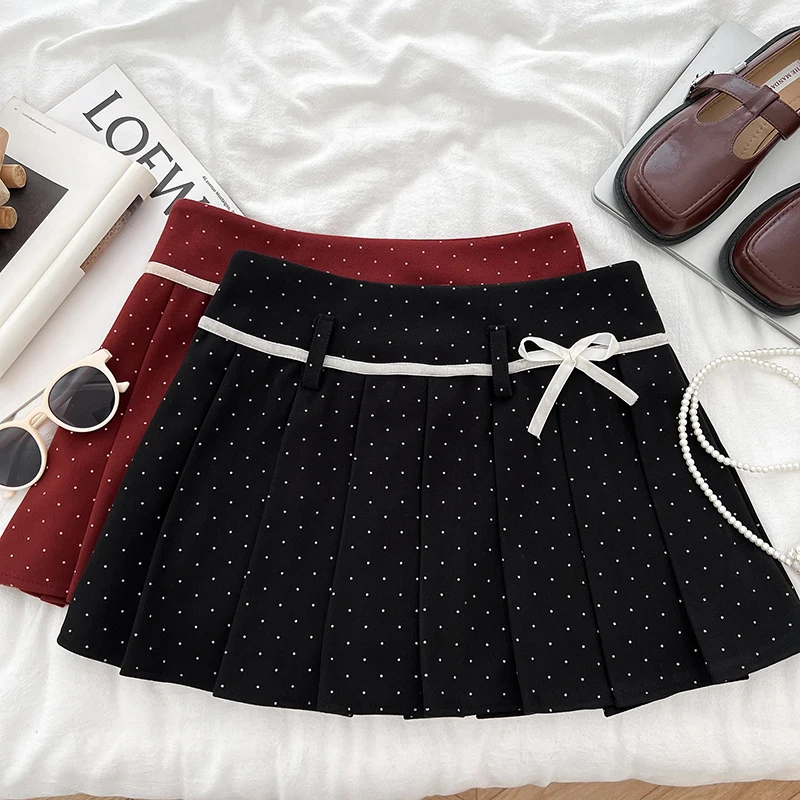 

Preppy Style Mini Skirts for Women High Waist A-line Hip Wrap Stringy Selvedge Skirts Korean Polka Dot Female Skirt