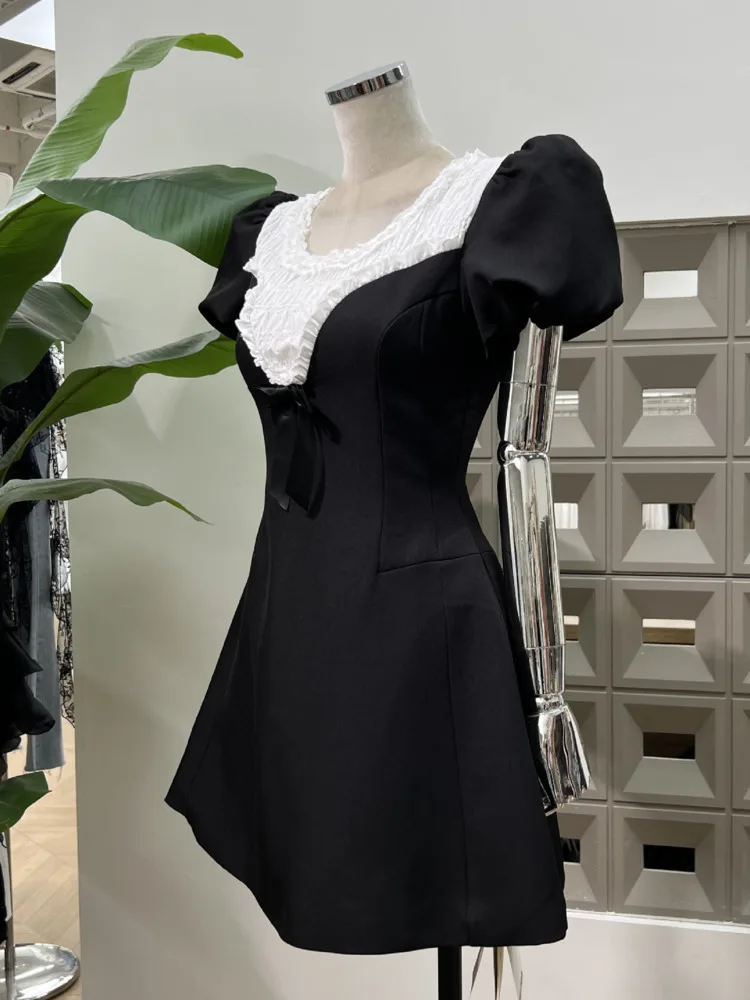 Dfdg feminino preto retalhos puff manga curta smocked cintura vestido elegante designer premium cocktail festa primavera verão 2025