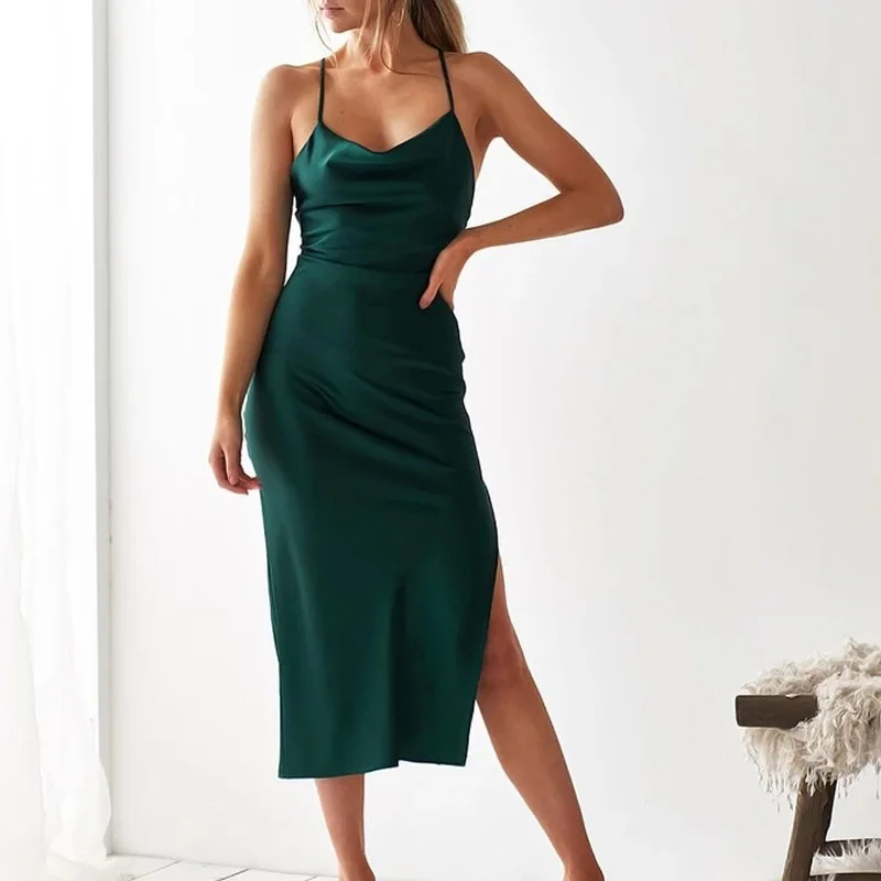 Party Club Satin Sexy Dress Women Summer 2023Elegant Midi Floral Dress Woman Solid Evening Sling Backless Dresses Vestido 21796