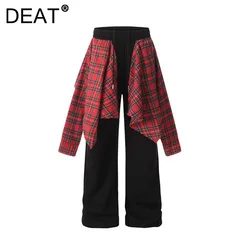 DEAT Women's Trousers Elastic High Waist Patchwork Plaid Printed Skirt Fake 2 Pcs Straight Causal Pants 2025 New Fashion Spring