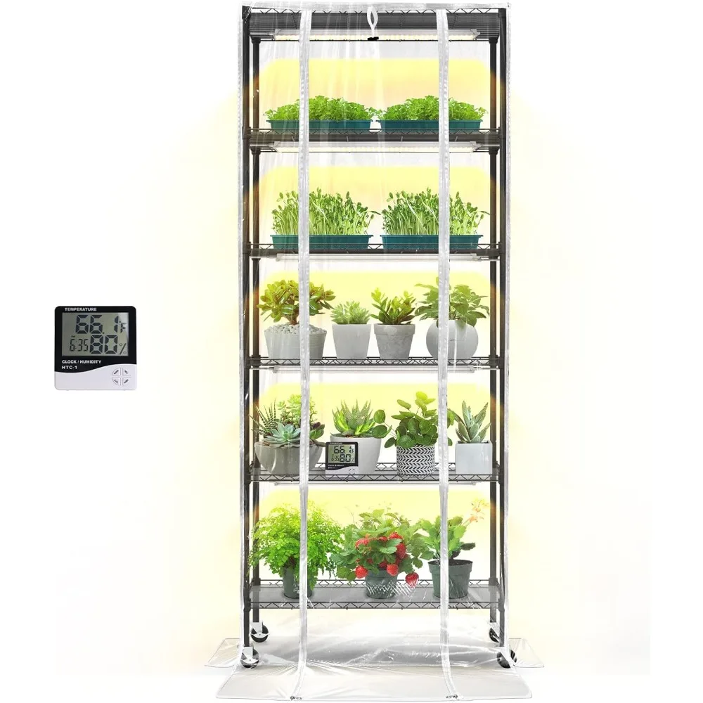 Plant Shelf with Grow Light, Grow Light Shelf with Cover and Thermometer, 6 Tier Plant Stand with Grow Light , Greenhouse