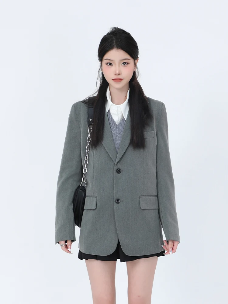 

Bla Casual Leisure Korean Sle Women's Suit Jaet Loose Fit College Sle Long Sve Pure Color High-End Sensation