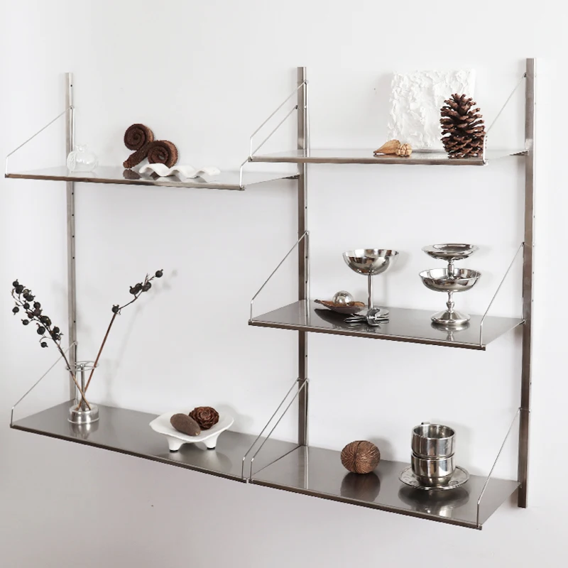 Minimalist Bookshelf Stainless Steel Shelves Wall Mounted Storage Rack System Open Bookcase with Track Brackets for Living Room