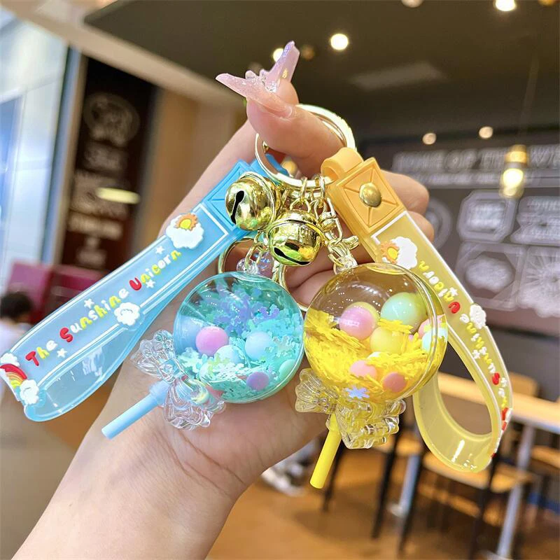 Summer Oil Liquid Lollipop Keychain Floating Quicksand Snowflake Glitter Acrylic Keyring Pendant For Women Backpack Key Chains