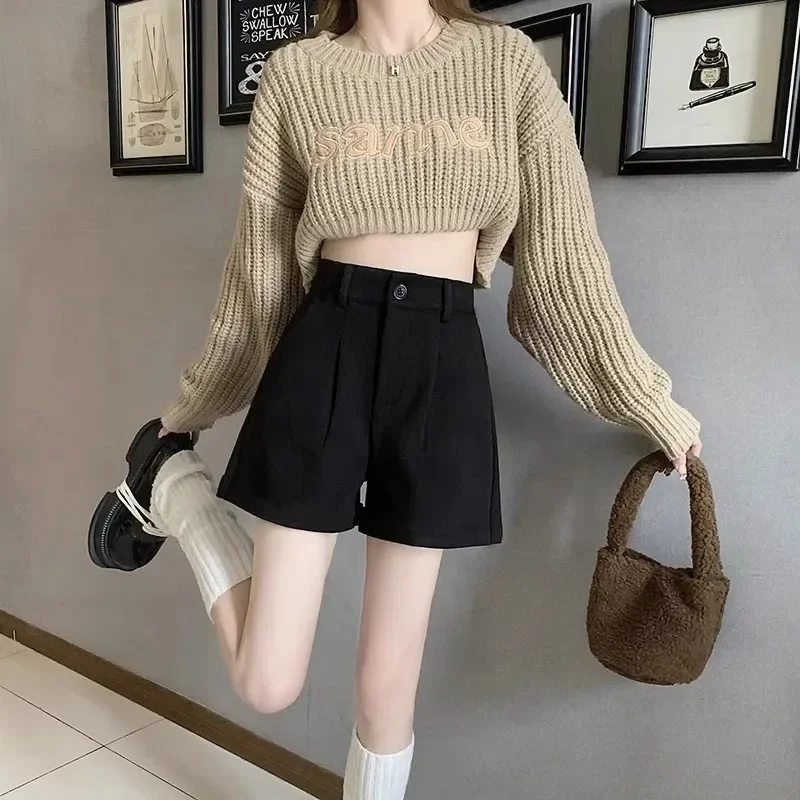 Black Autumn/winter Women's High-waisted Straight-leg Woolen Shorts Plus Bean Boots Casual Fashion Wide Leg Pants