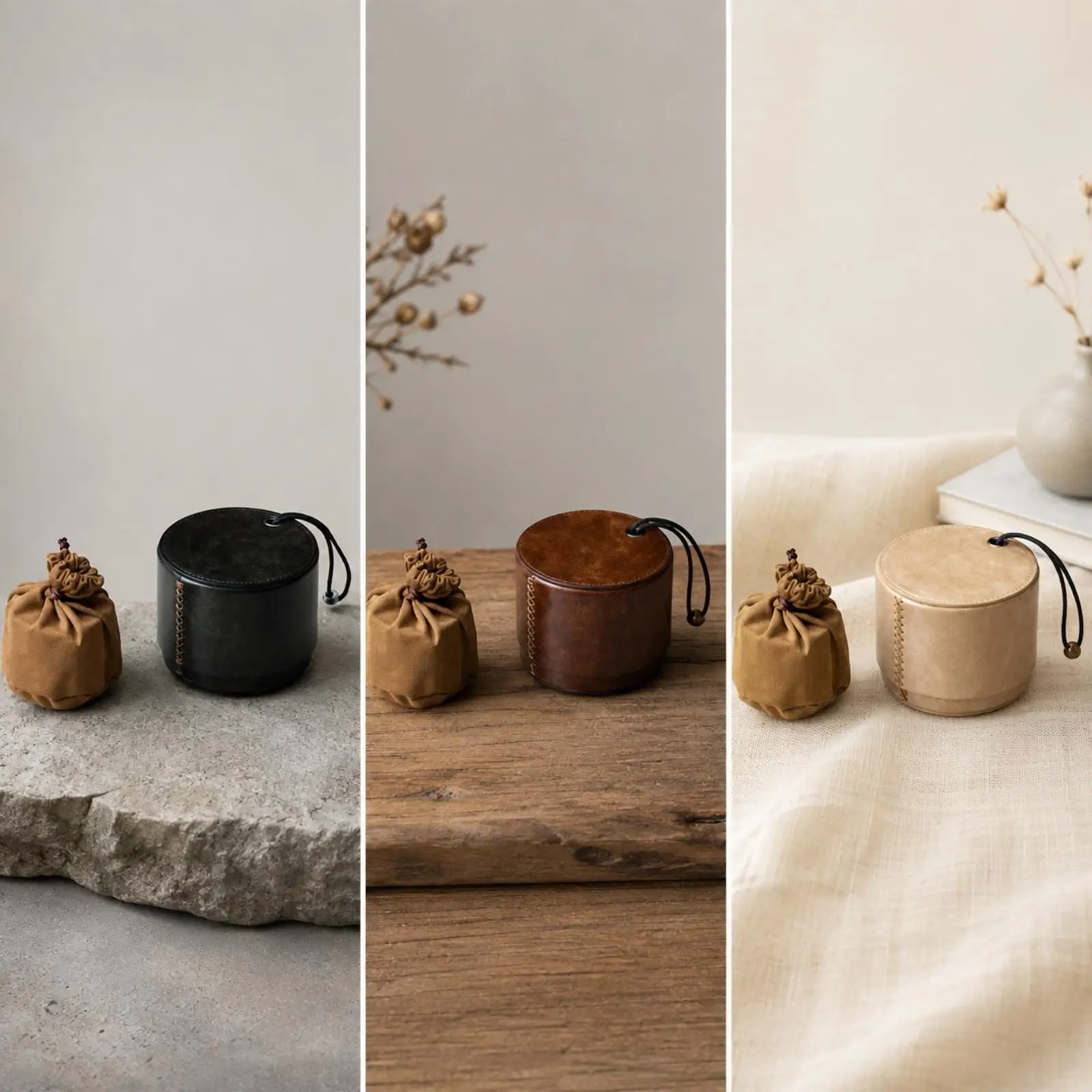 Hand Stitched Leather Cylindrical Tea Pouch Industrial Case with Lid for Outdoor Tea Period Portable Tea Tray Storage