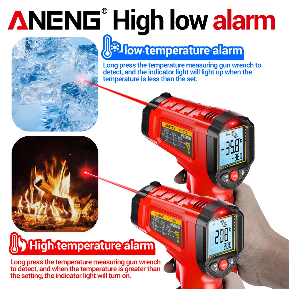 

ANENG TH202 Инфракрасный кухонный термометр Бесконтактный цифровой лазерный измеритель температуры ЖК-дисплей Пирометр Точечный пистолет Тестер Инструмент