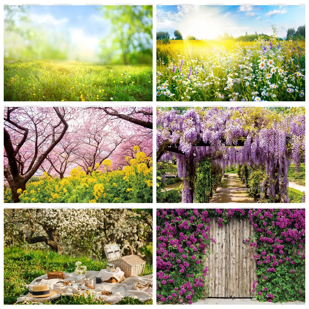 

Spring Garden Flowers Photography Backdrop Pink Bloom Blossom Photocall Background Fairy Forest Home Party Decoration Banner