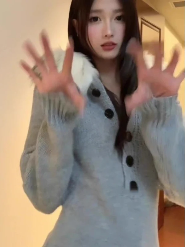 스파이시 걸 탈부착 가능한 퍼 칼라 헨리 칼라 니트 스웨터 여성용 가을 겨울 한국 스타일 허리 조임 후드 탑 코트