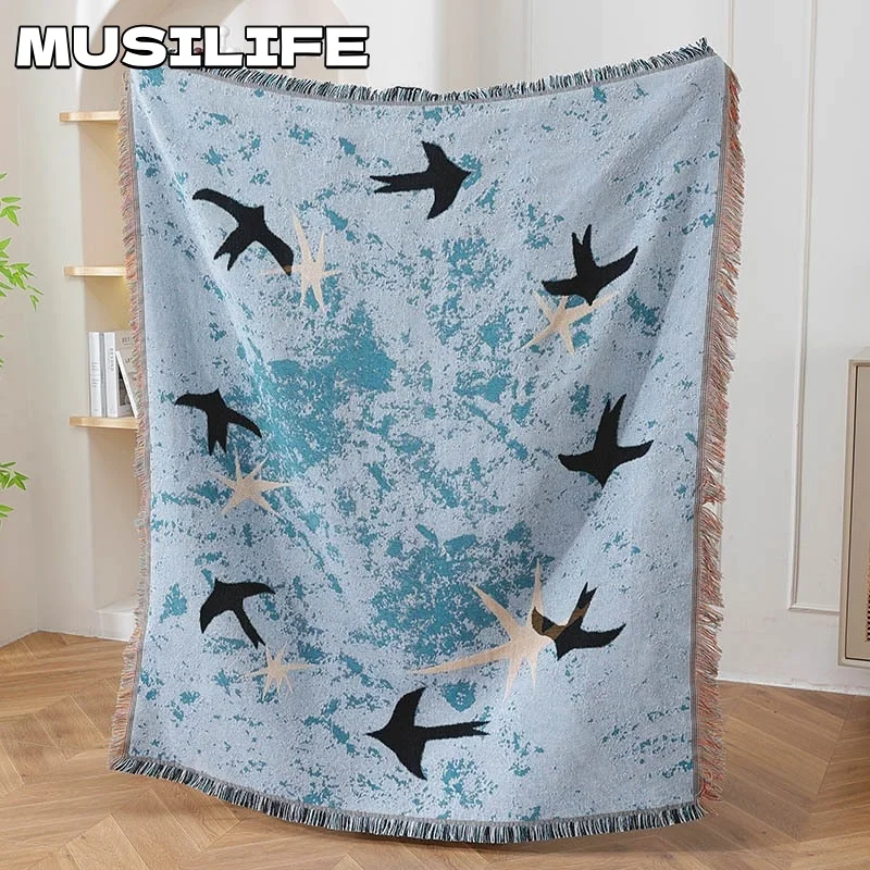 

Artistic Bird Pattern Tassel Throw Blanket for Bed Camping Picnic Mat Outdoor Tapestry Sofa Multipurpose Blanket Home Decor