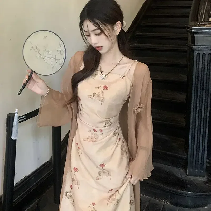 Spring Summer Improved Chinese Dress New Chinese Style Tank Dress For Plump Women Mm National Style Waist-fitted Slimming Skirt