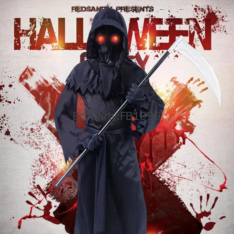 Kids Red Eye Grim Reaper Cosplay Costume Black Devil Dark Ghost Cosplay Hooded Robe Sickle Gloves Props Children Party Costumes