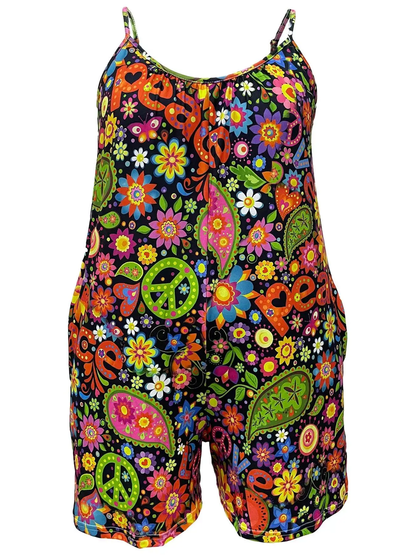 Plus size women's fashion suitable for travel and recreation with pockets printed camisole overall shorts