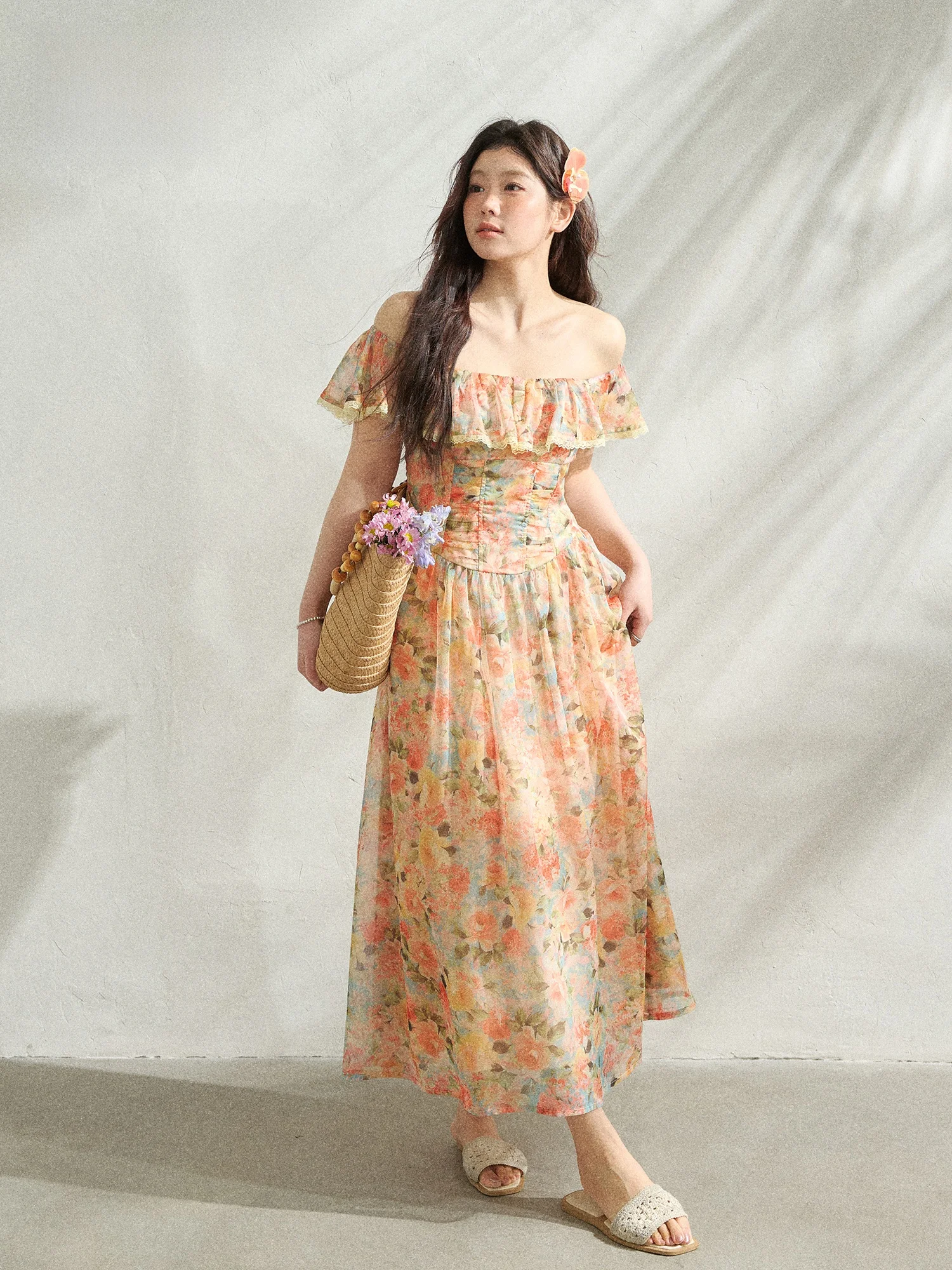 

Летнее платье макси с цветочным принтом, оранжевое, с воротником-колокольчиком, праздничное, с завышенной талией, в корейском стиле, с рукавами-фонариками, на молнии сбоку