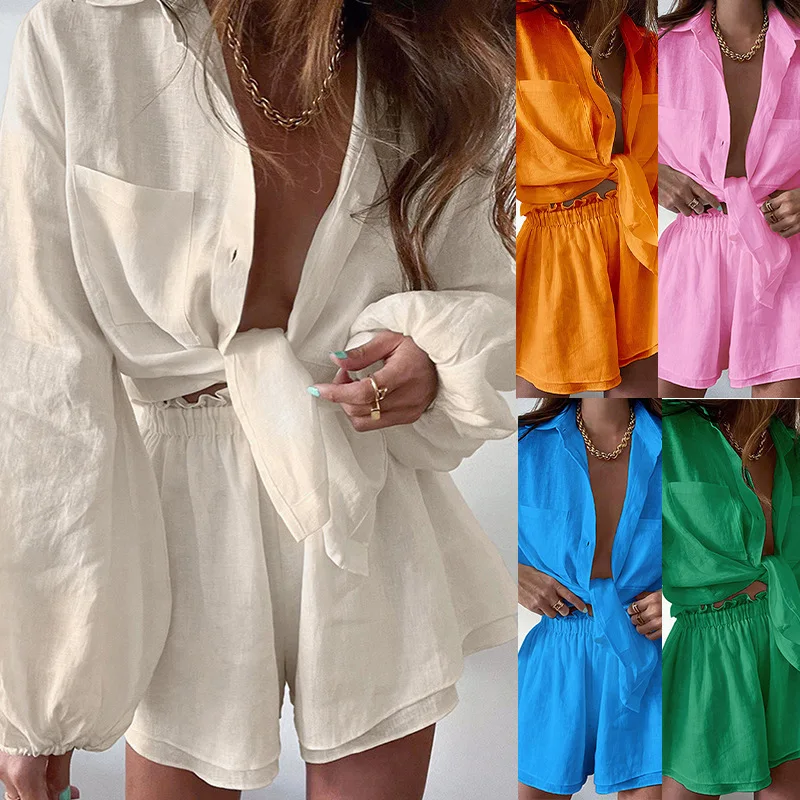 

2023 Women Spring Summer Bohemian Shorts Sets Solid White Loose Fit Outfits Blouse Suit 2 Two Piece Set For Women