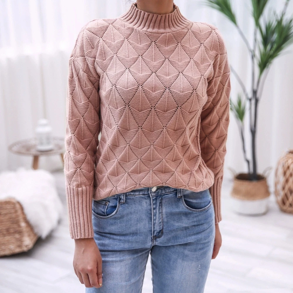 Herfst en winter Europese en Amerikaanse mode Elegante halfhoge kraag Diamond Grid gebreide hoodie gebreide trui top