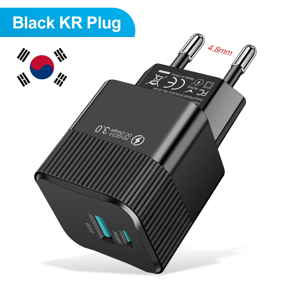 Mini 25W PD USB C Fast Charger 2 Port KR EU Travel Plug Adapter International Trip Multi Country Voltage Use