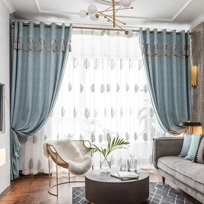 

Customized Blue Gray Texture Jacquard Thickened Blackout Curtains For Living Room Bedroom French Window Balcony And Bay Window