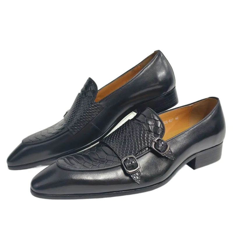 Formal Shoe Men Luxury Loafers Footwear High Quality Classic Style Dress Leather Shoes Black Slip On Pointed Toe Metal buckle