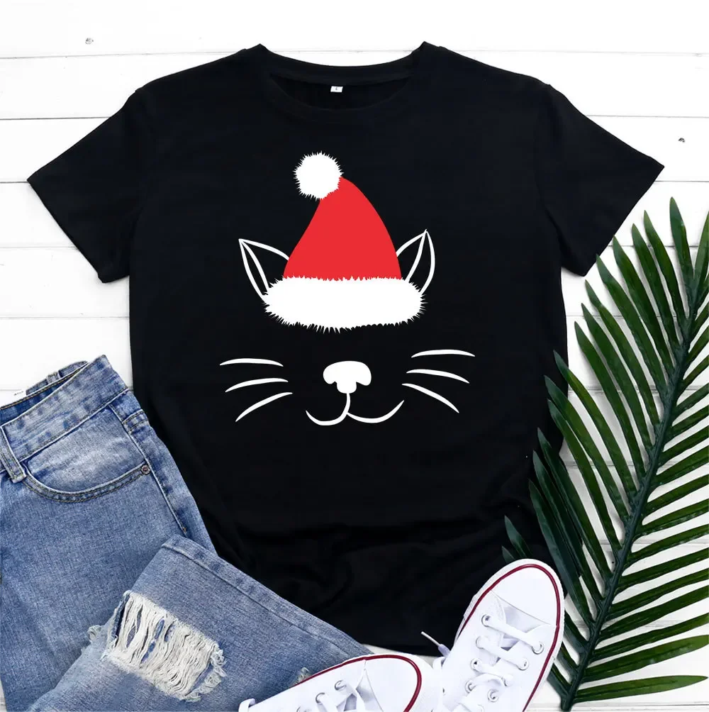 Christmas Hat Cat Face Print T Shirt Women Short Sleeve O Neck Loose Tshirt Women Tee Shirt Tops Camisetas Mujer