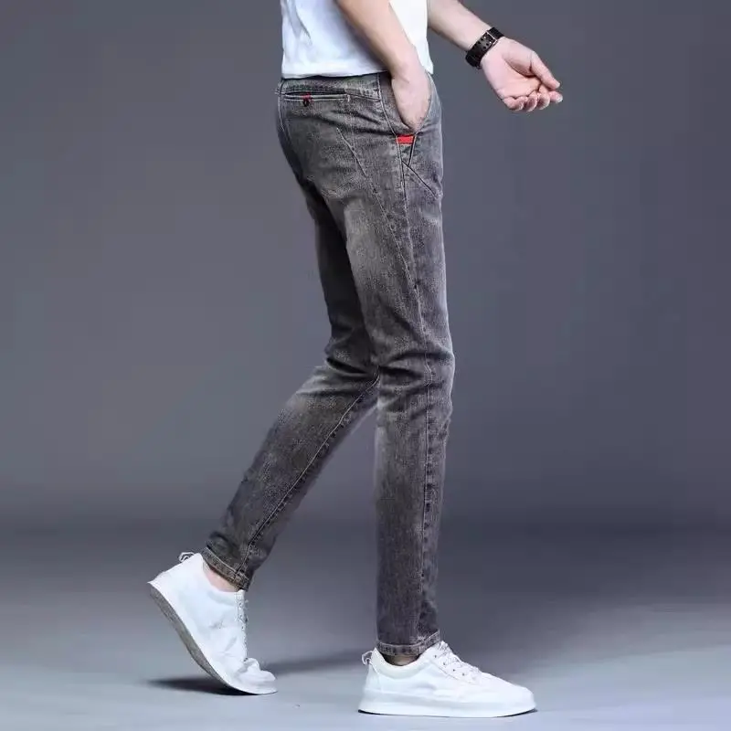 Harajuku Jeans Men's Luxury New Men's Casual Spring Autumn Slim Fit Solid Pencil Pants High-end Stretch Washed Denim Trousers